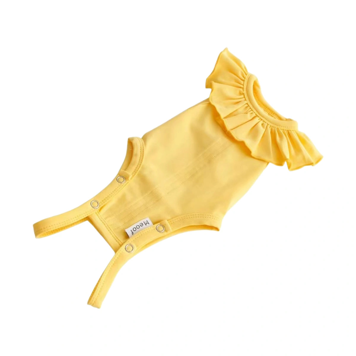 Yellow Meoof cat recovery-style suit laid flat