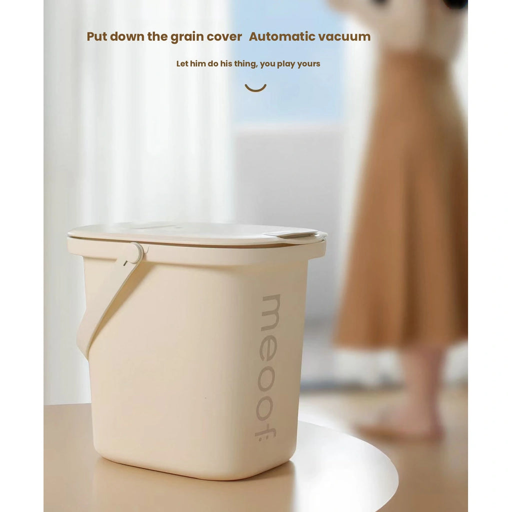 Cream Meoof pet food bin with top lid closed