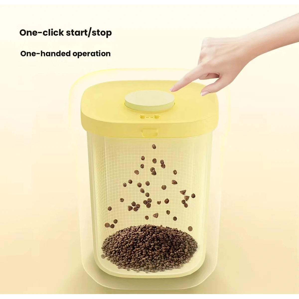 Hand opening yellow Mango pet food bin