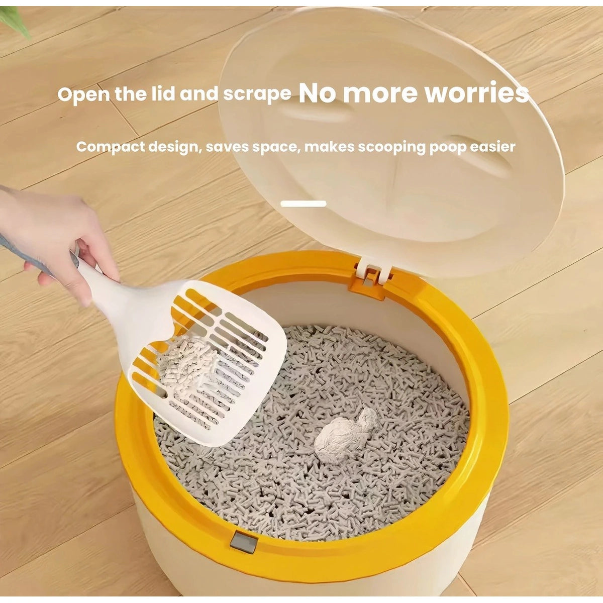 Round cream litter bin beside cat litter box