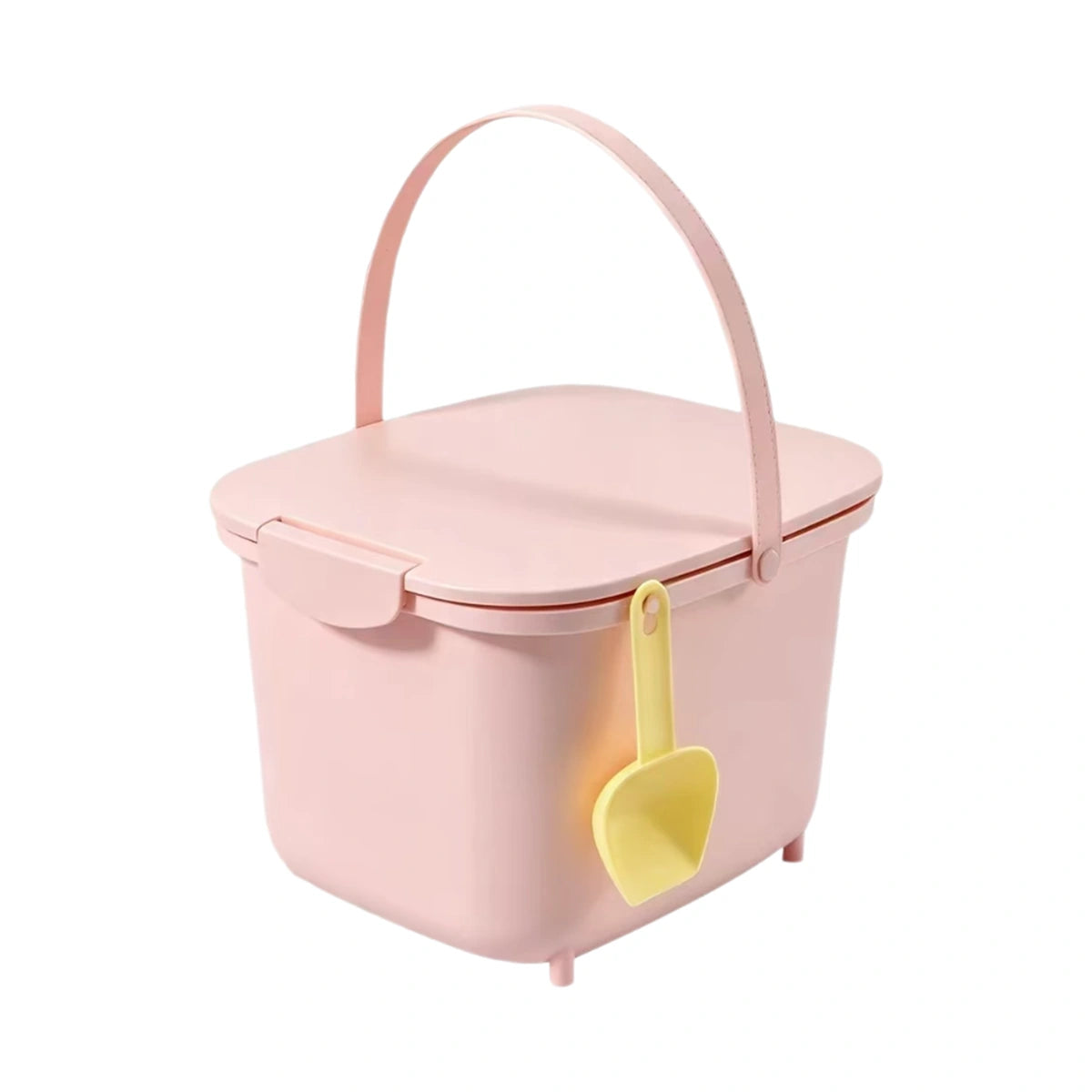 Pink pet food bin with carry handle and scoop