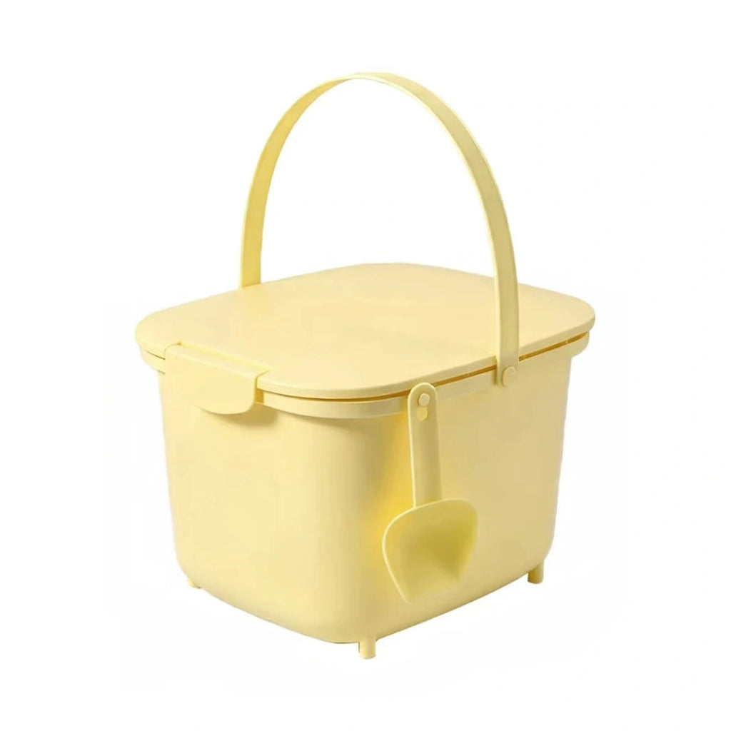 Yellow pet food bin with handle and scoop