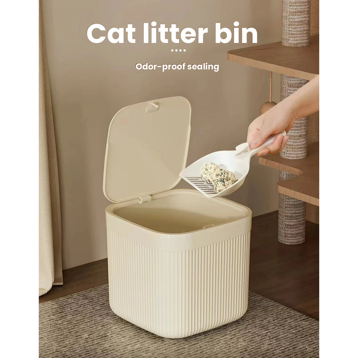 Hand scooping cat litter waste into a cream ribbed bin