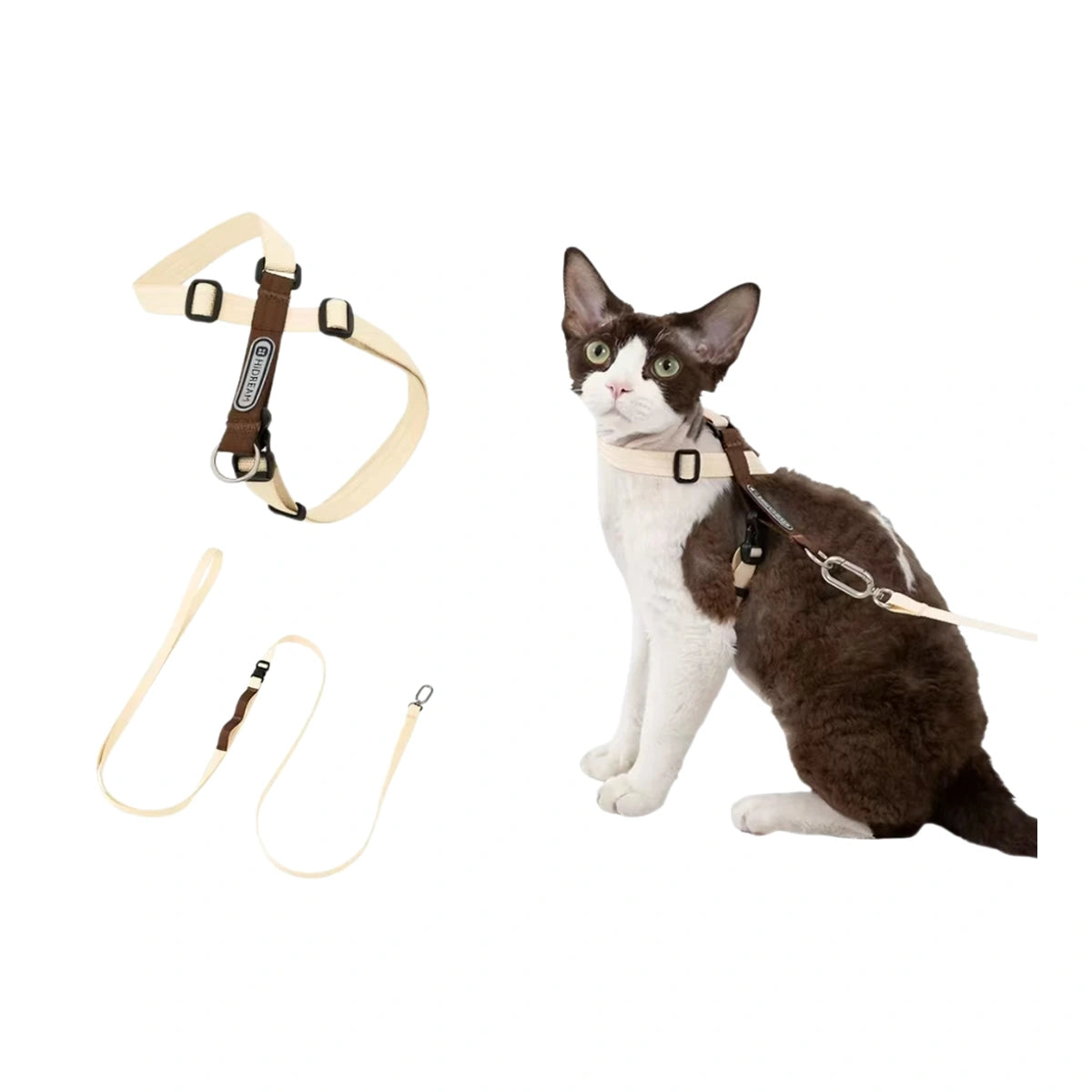Beige HiDREAM figure-eight harness with leash on cat