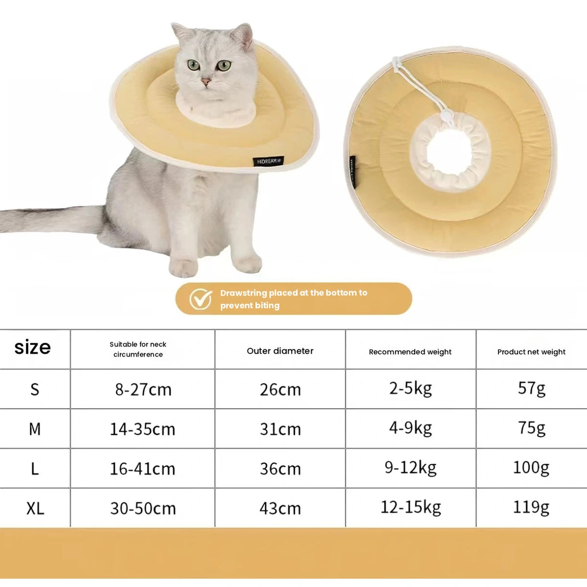 HiDREAM ドーナツ型猫用ソフトカラー 画像4：黄・カラー・サイズ表