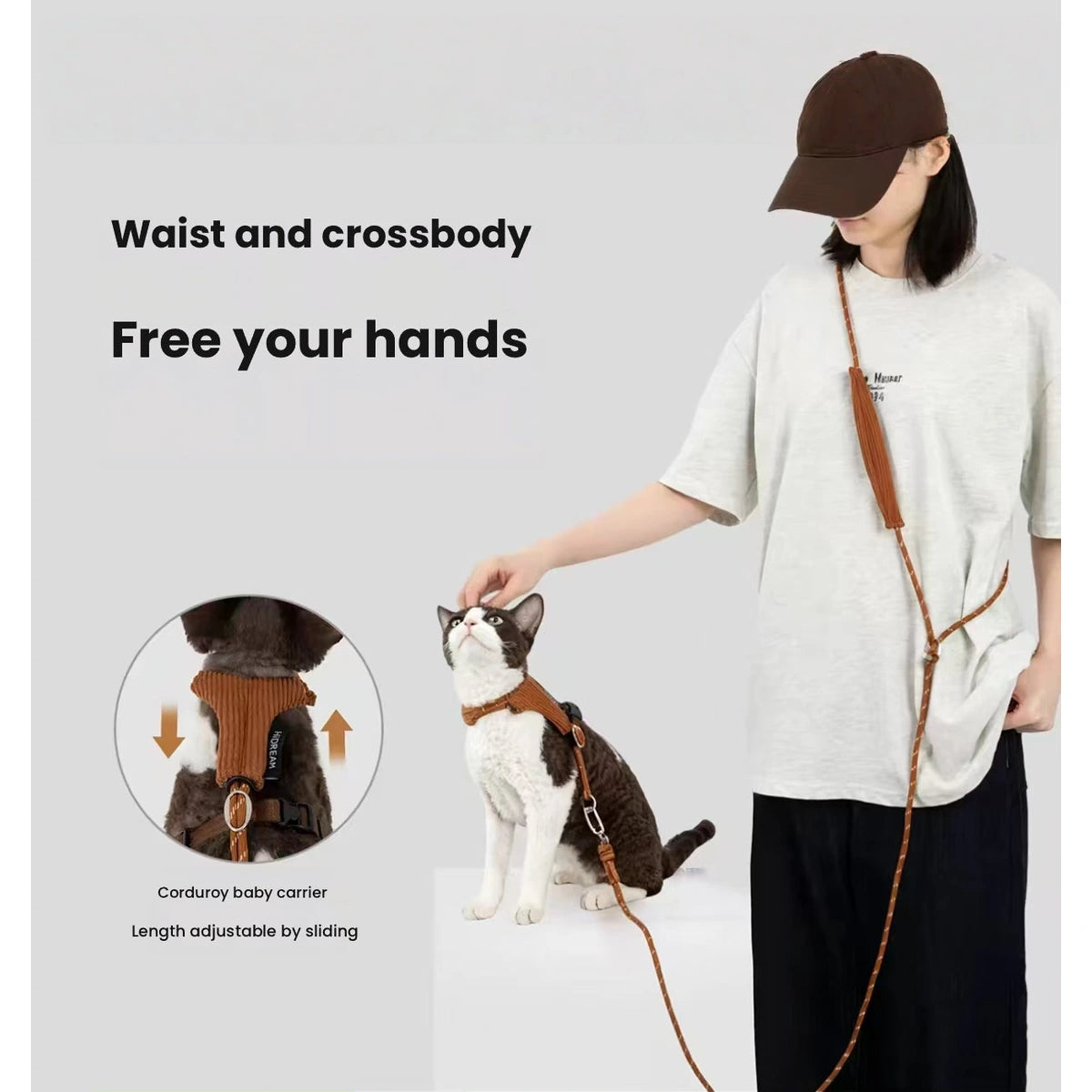 Person using HiDREAM crossbody lead with cat