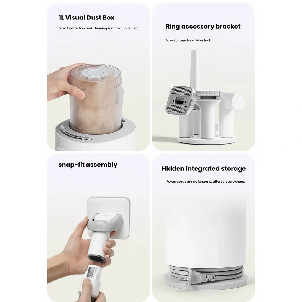 Neakasa grooming vacuum dust box and attachment storage views