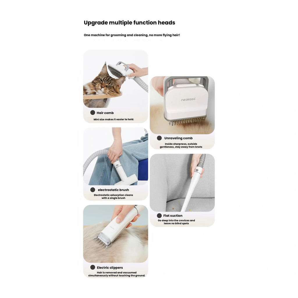 Neakasa grooming tools illustrated during brushing and clipping