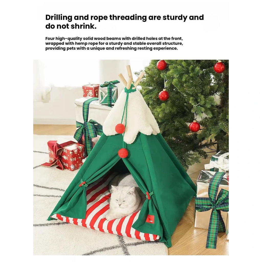 ZEZE pet tent bed beside a decorated tree with a cat resting inside