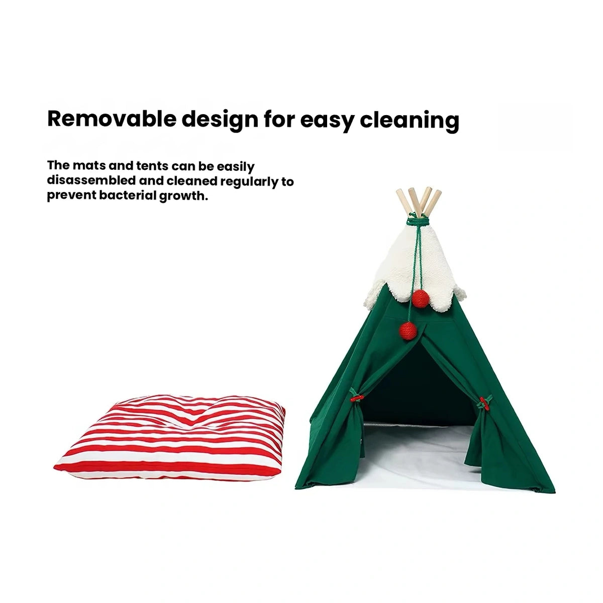 ZEZE pet tent bed and removable striped cushion shown separately