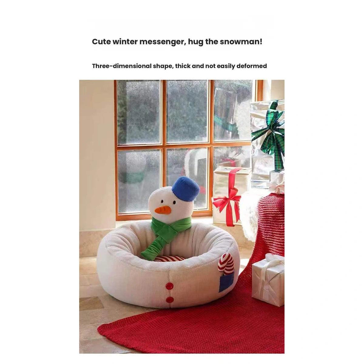 ZEZE snowman pet bed by a window with a cat inside