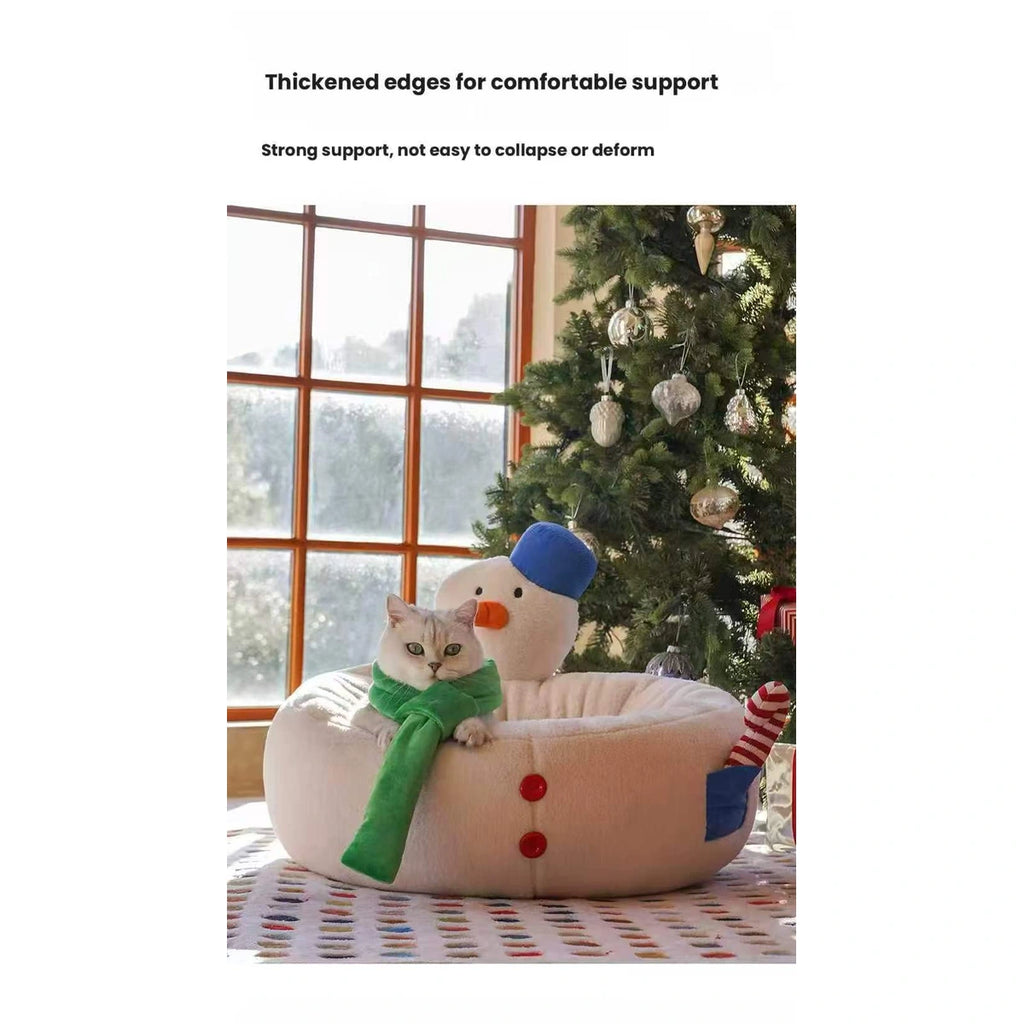 ZEZE snowman pet bed with cat resting beside a decorated tree