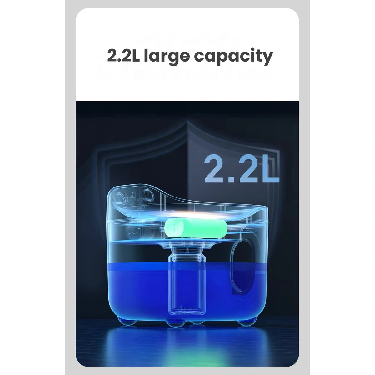 IPAWSPACE water fountain capacity infographic showing transparent reservoir