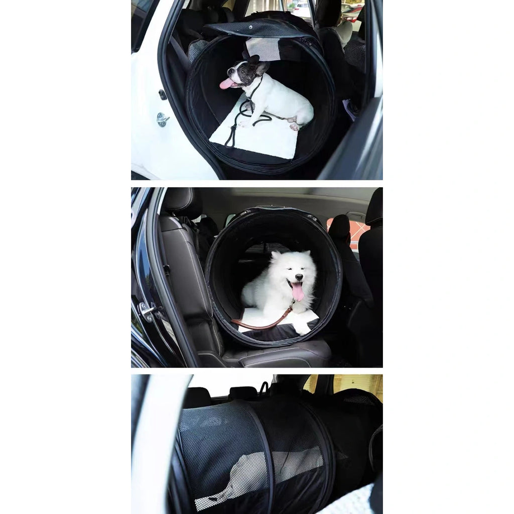 PETSFIT dog car crate shown in vehicle and folded positions