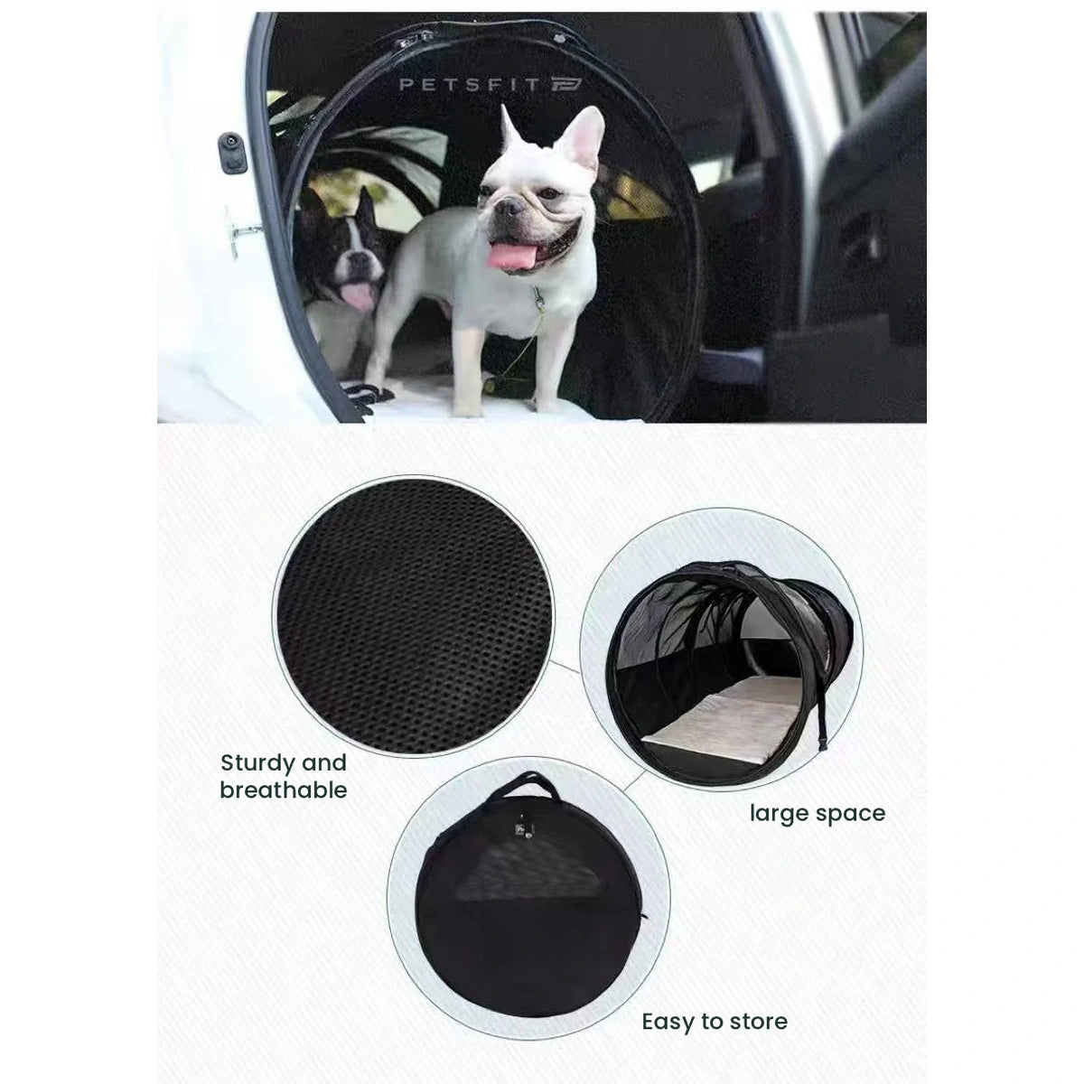 PETSFIT dog travel crate mesh opening and circular base views
