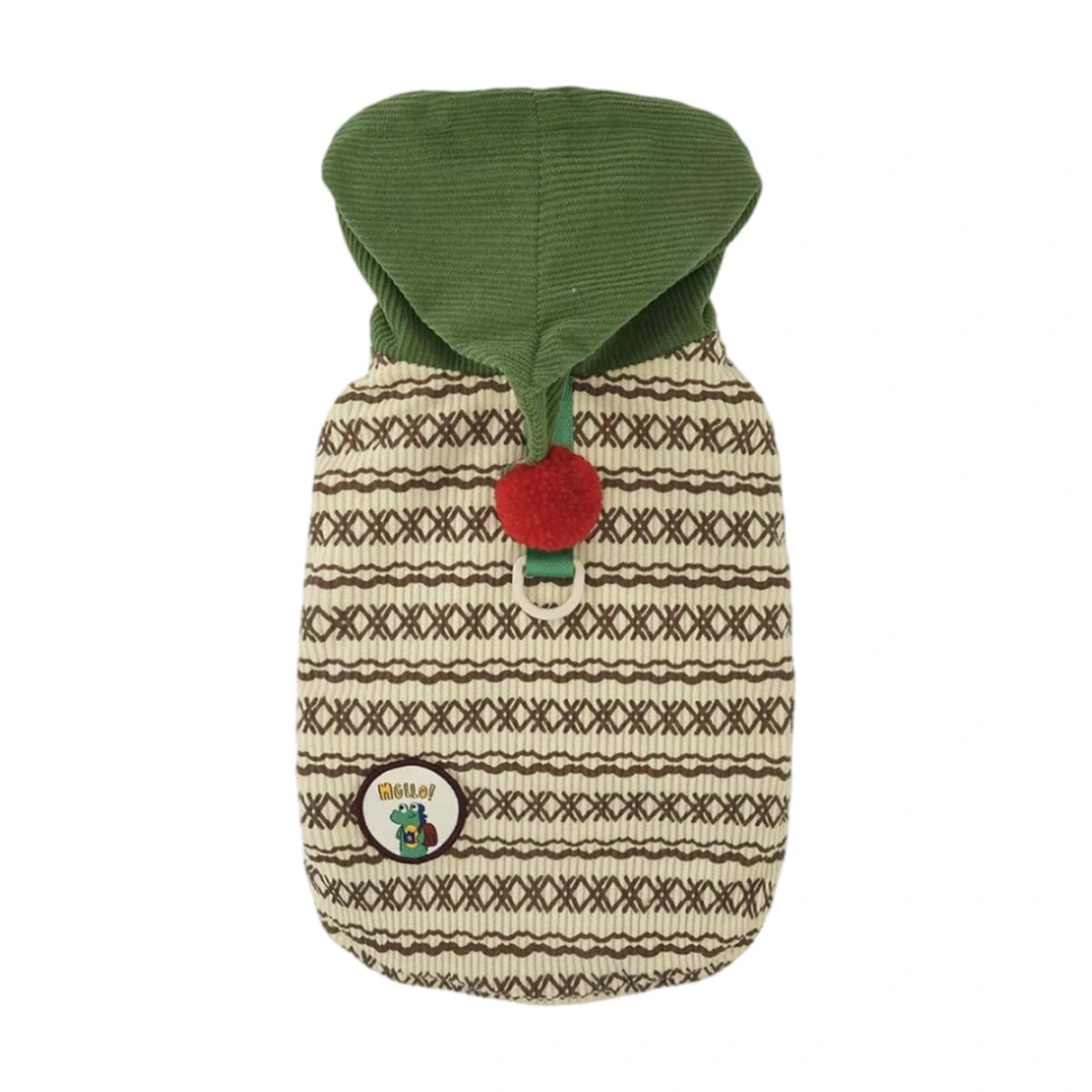 Green POPOCOLA patterned dog hoodie laid flat