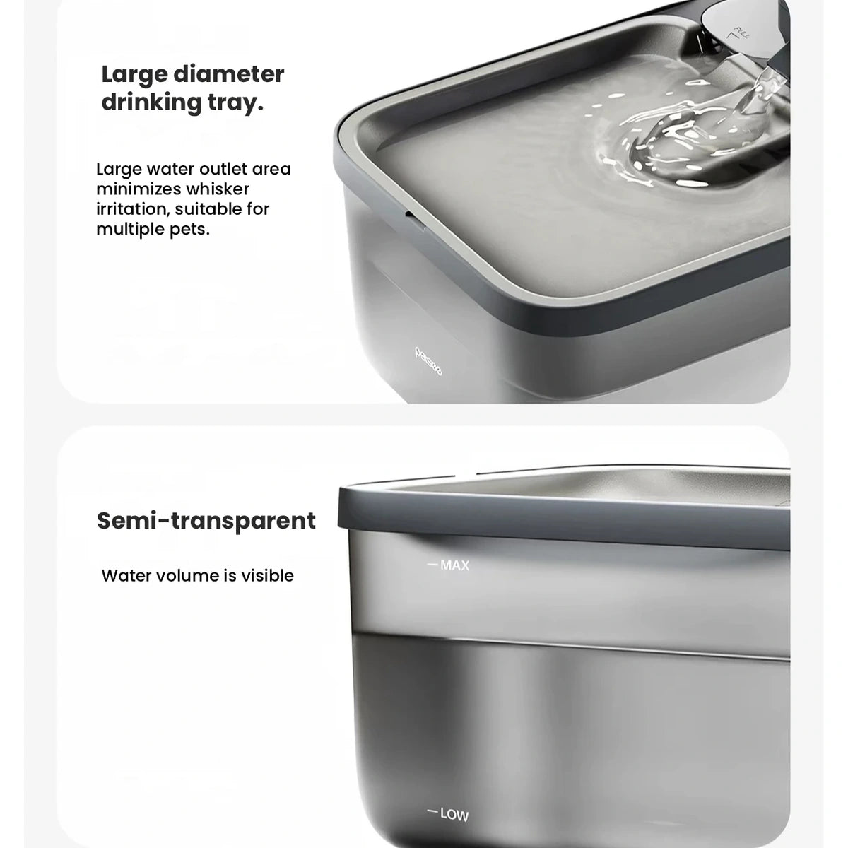 Close-up of the Petsee S2 Pro metal drinking tray