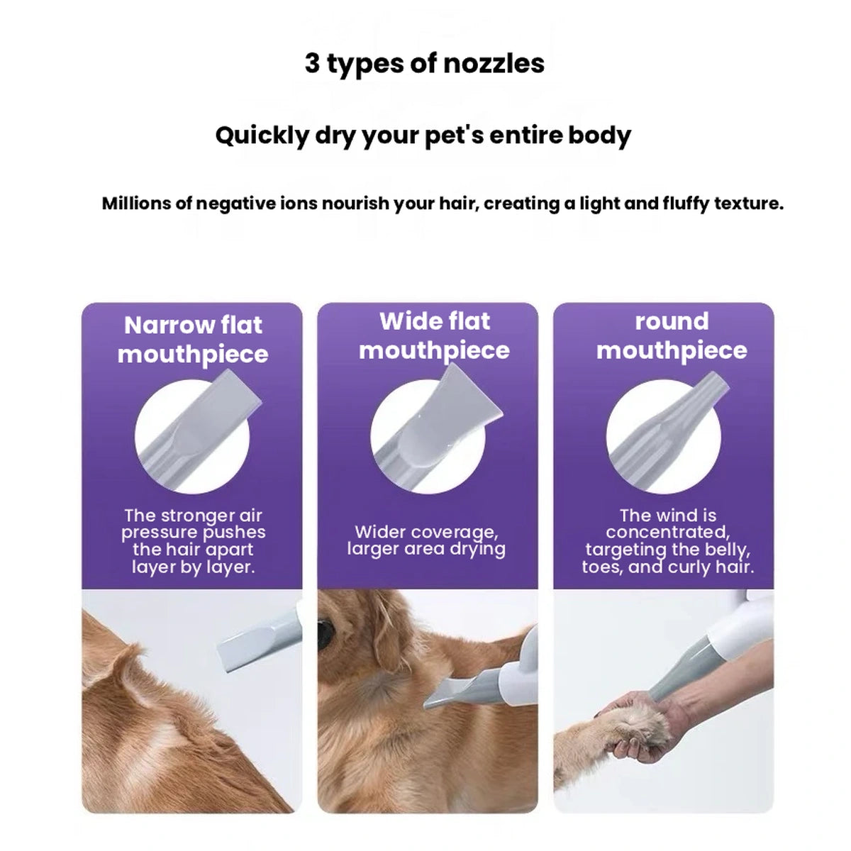 Three nozzle shapes for the Redminut grooming dryer