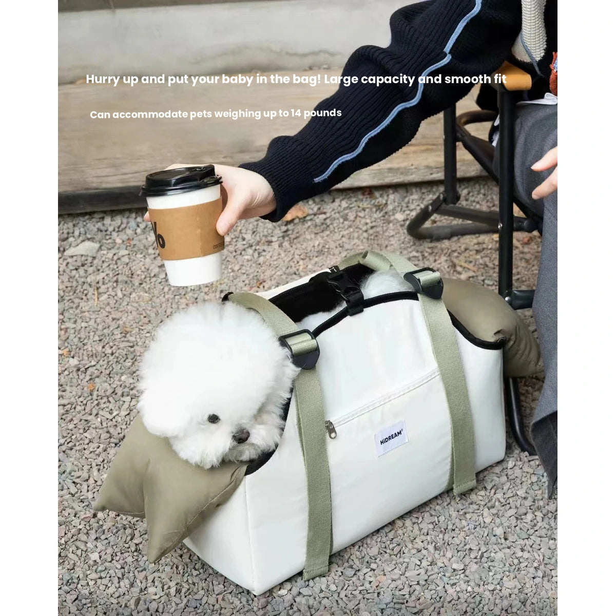Small white dog in the HiDREAM carrier beside an outdoor chair