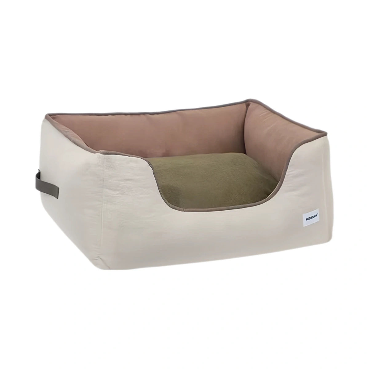 HiDREAM pet bed with grey outer walls, brown raised sides and an olive cushion