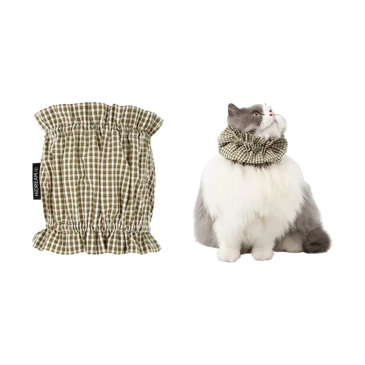 Green plaid HiDREAM feeding bib beside a long-haired cat