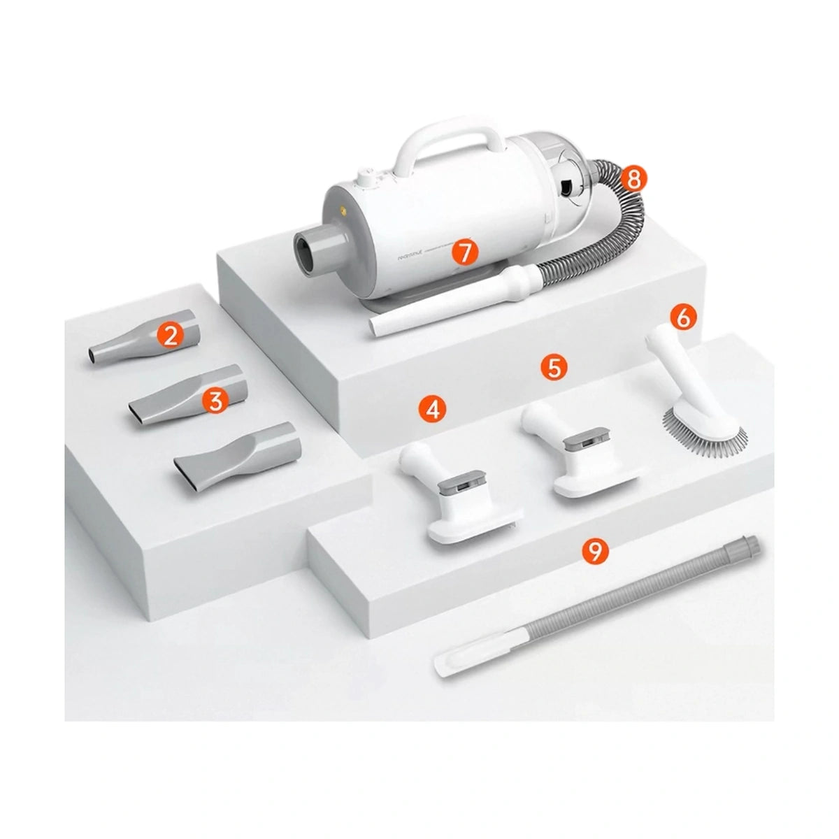 White Redminut pet dryer and grooming vacuum with hose