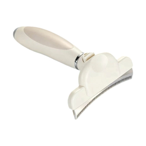 White DELE pet deshedding comb with a curved metal head