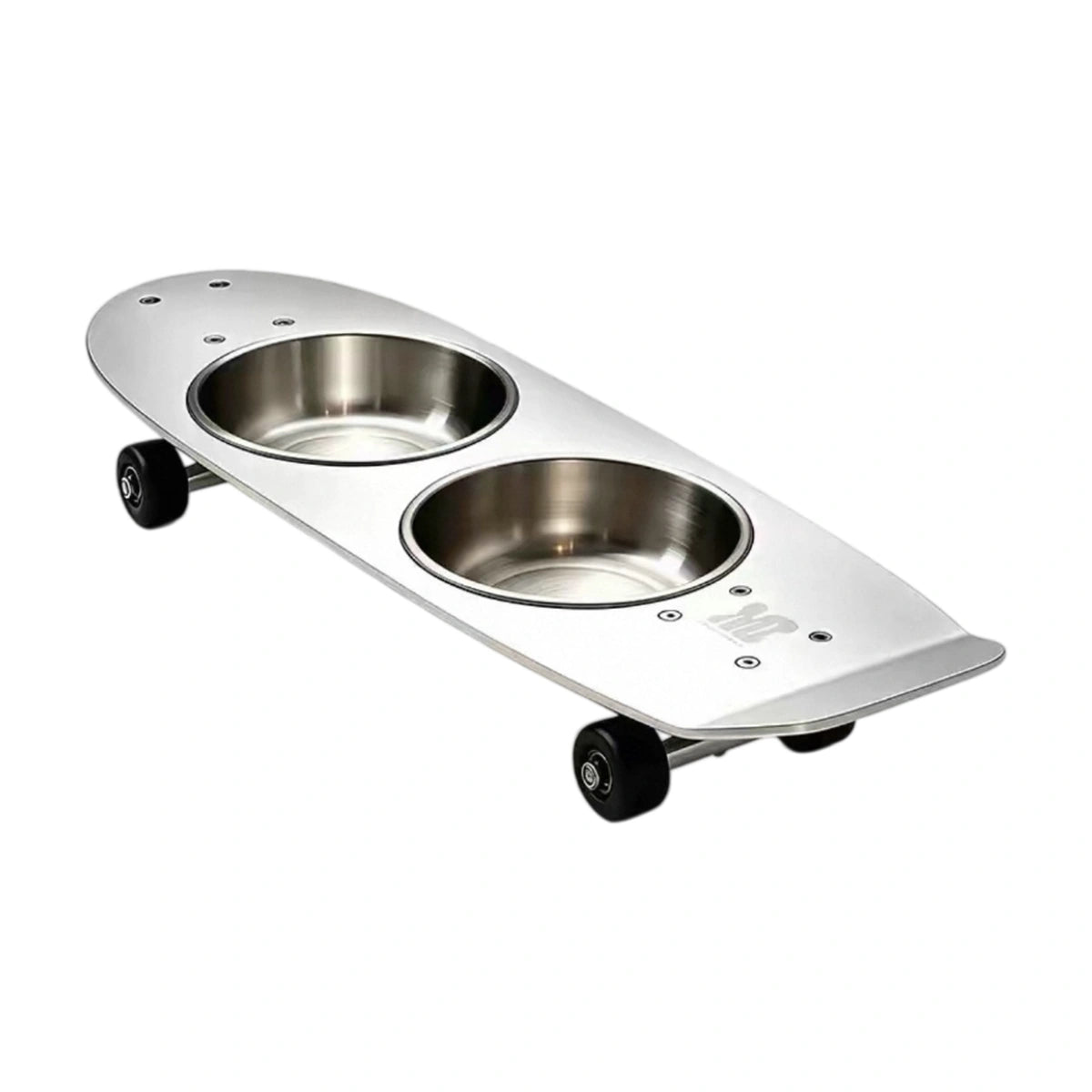 Silver Mies skateboard-style stand with two steel pet bowls