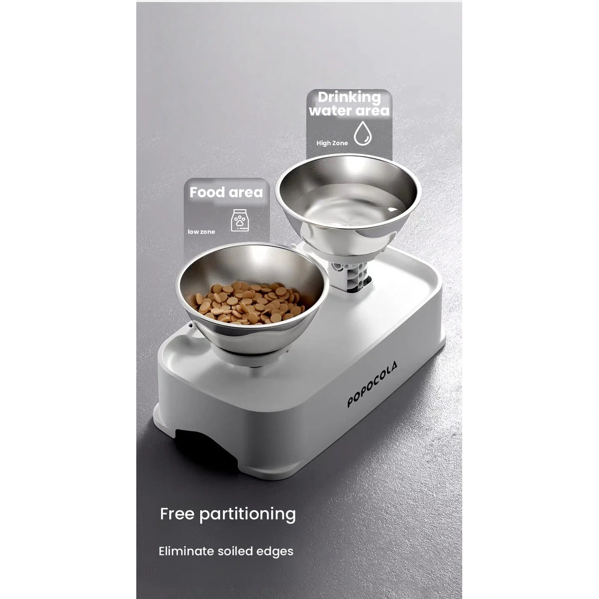 Cat and dog feeding from POPOCOLA double bowls