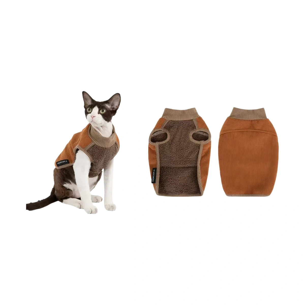 Brown HiDREAM fleece vest front and back beside a cat wearing it