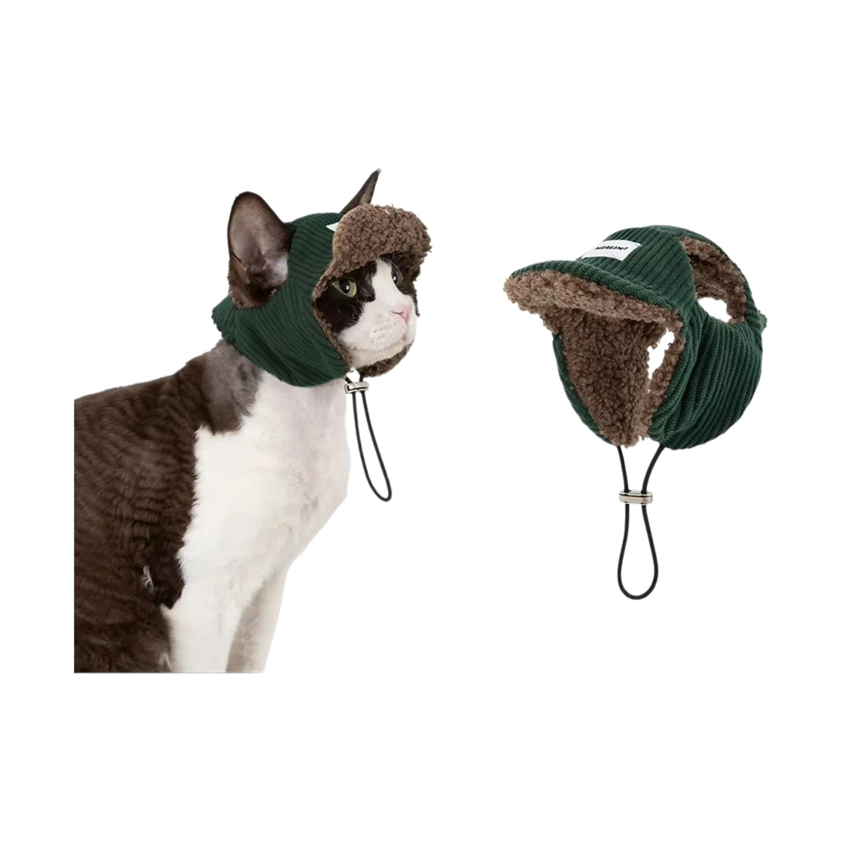 Green HiDREAM knit cat hat beside a cat wearing it
