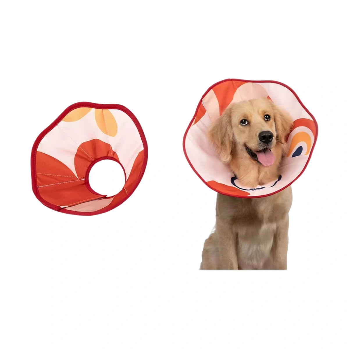 Red and yellow HiDREAM soft recovery cone beside a dog wearing it