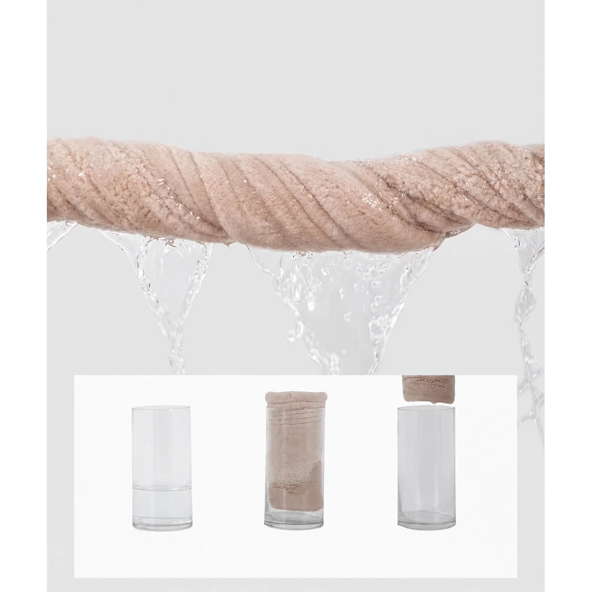 Beige pet bath towel shown in an absorbency demonstration with glasses of water