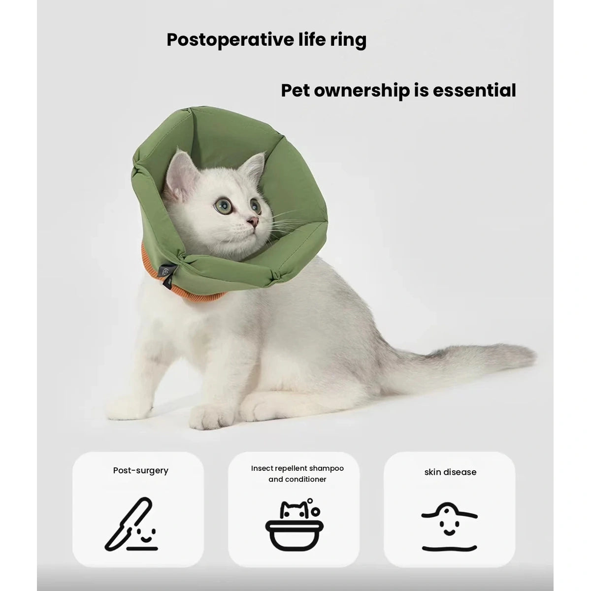 Pet wearing a green HiDREAM recovery cone with an adjustable opening