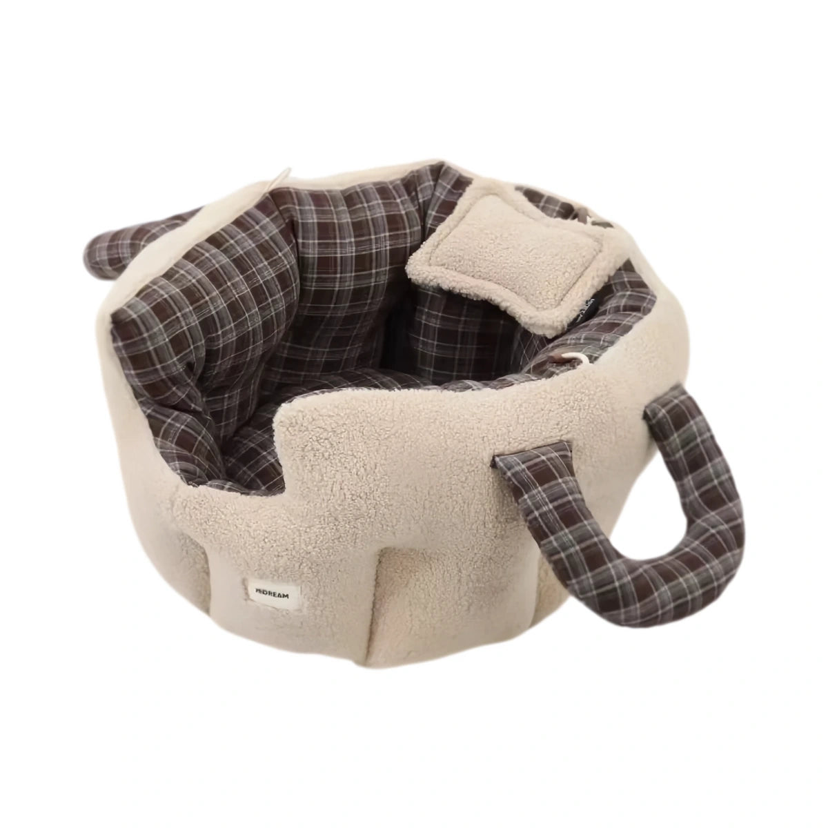 Beige HiDREAM open-top pet bed with checked lining and carry handles