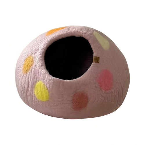 Pink Coni Life felt cat cave with colourful spots and a rounded opening