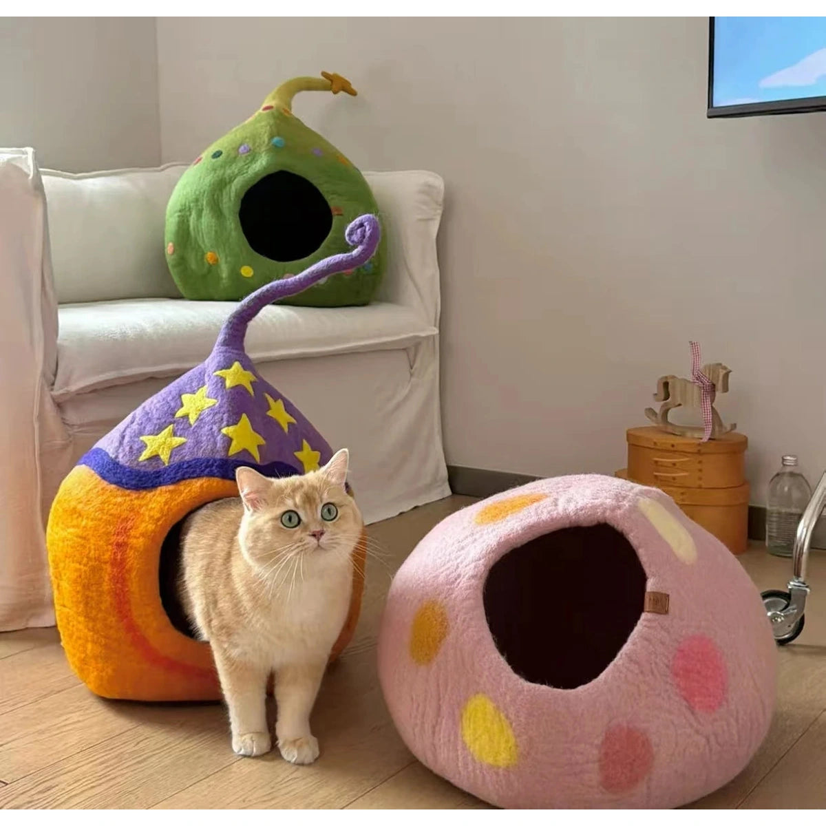 Cat entering an orange Coni Life pointed-top cave with a purple star-patterned cap