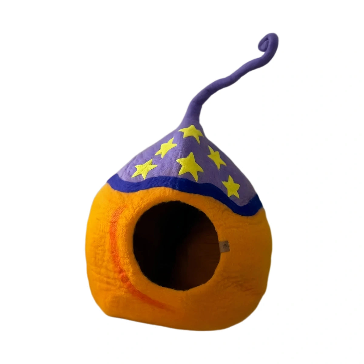 Orange Coni Life cat cave with a purple star-patterned top