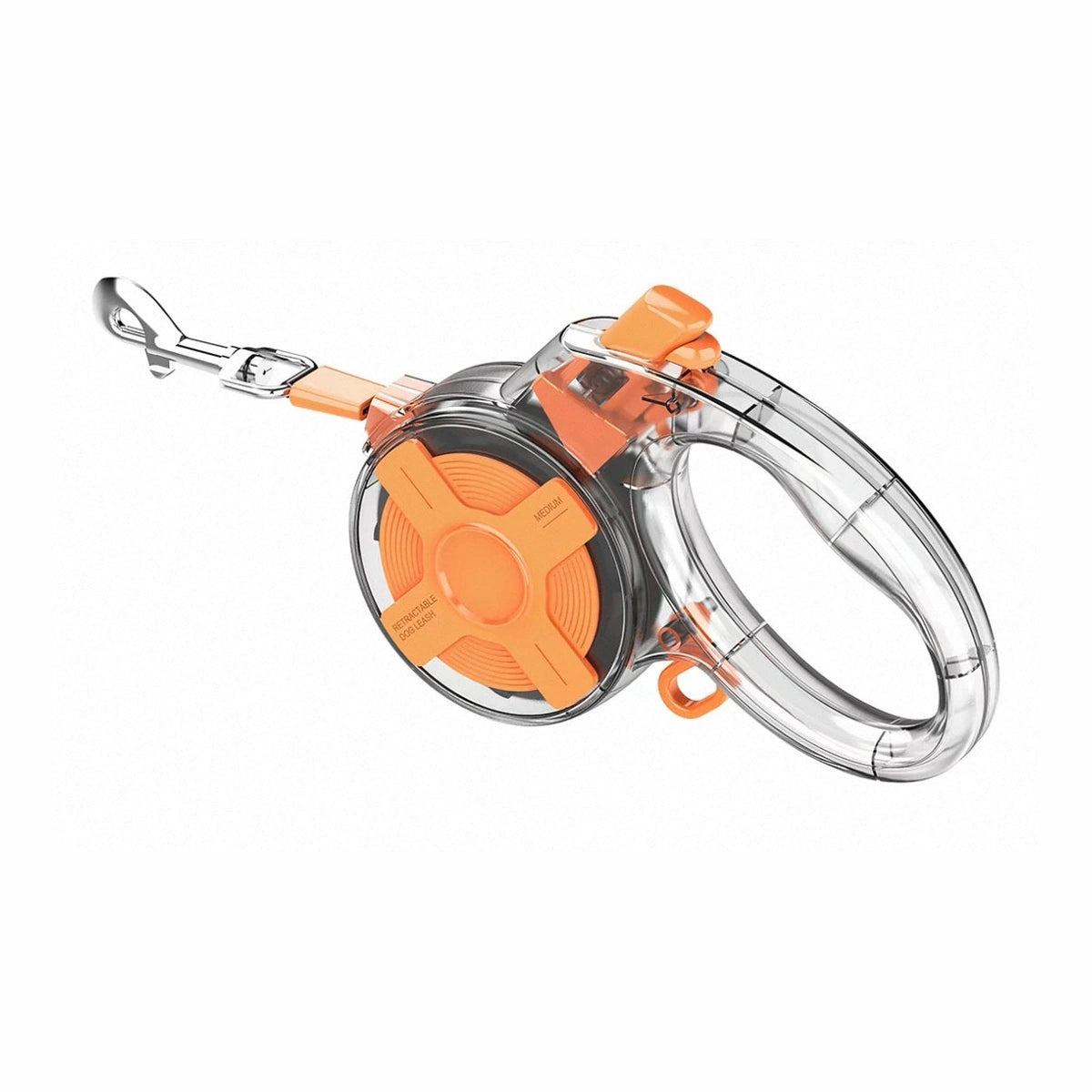Orange retractable dog lead with transparent housing