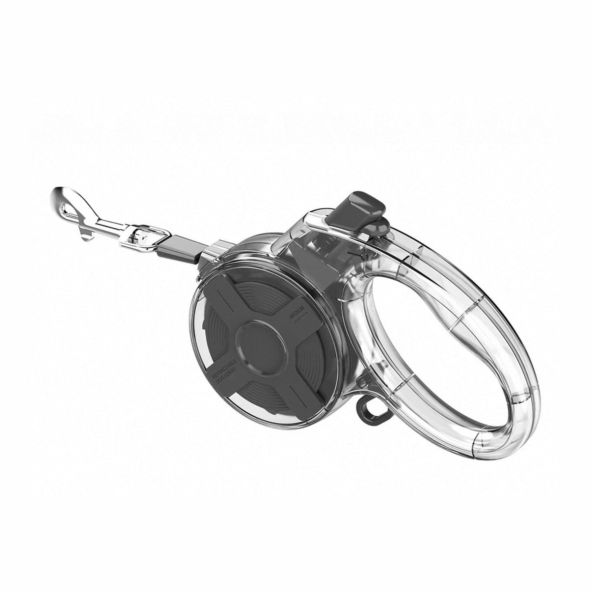 Grey retractable dog lead with transparent housing