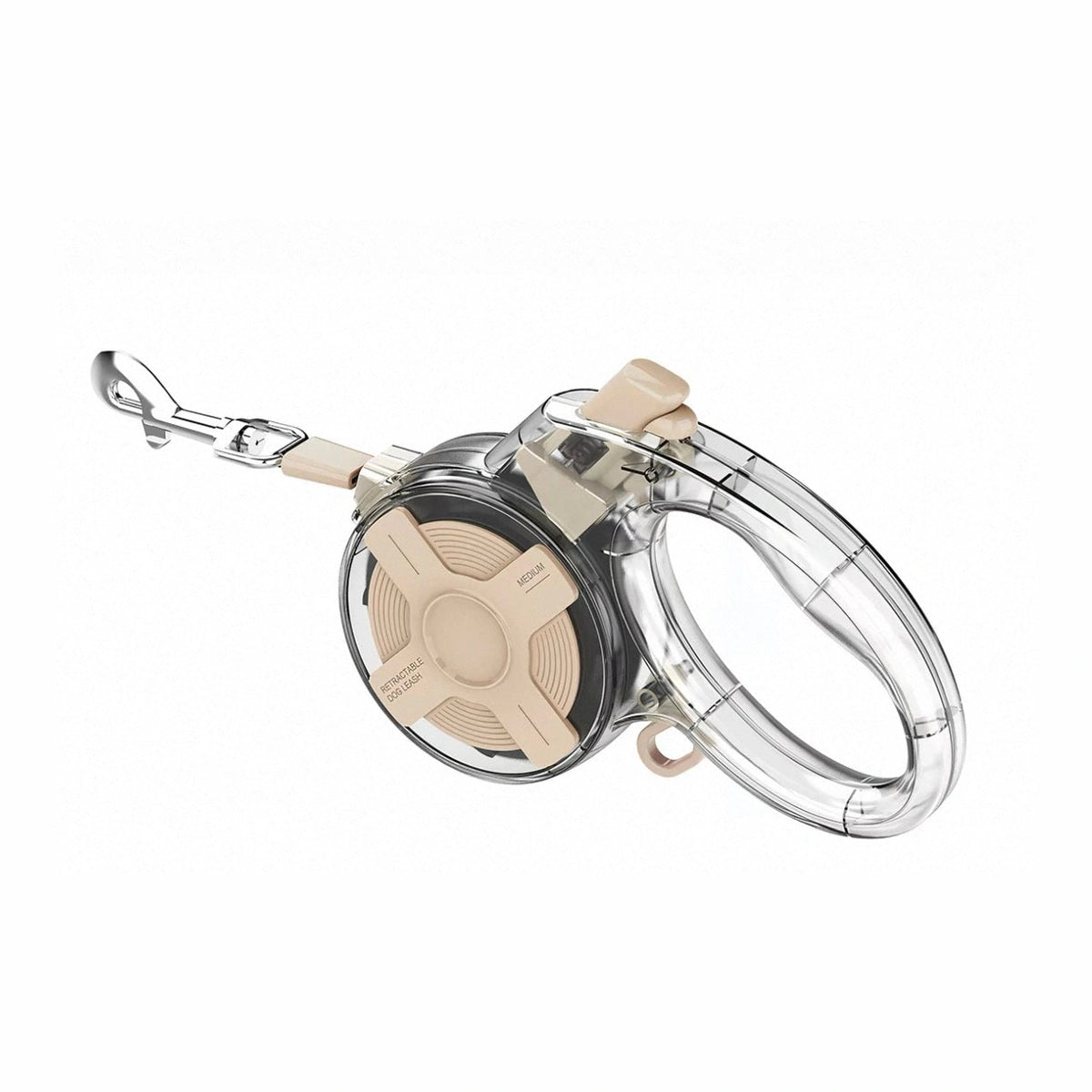 Khaki retractable dog lead with transparent housing