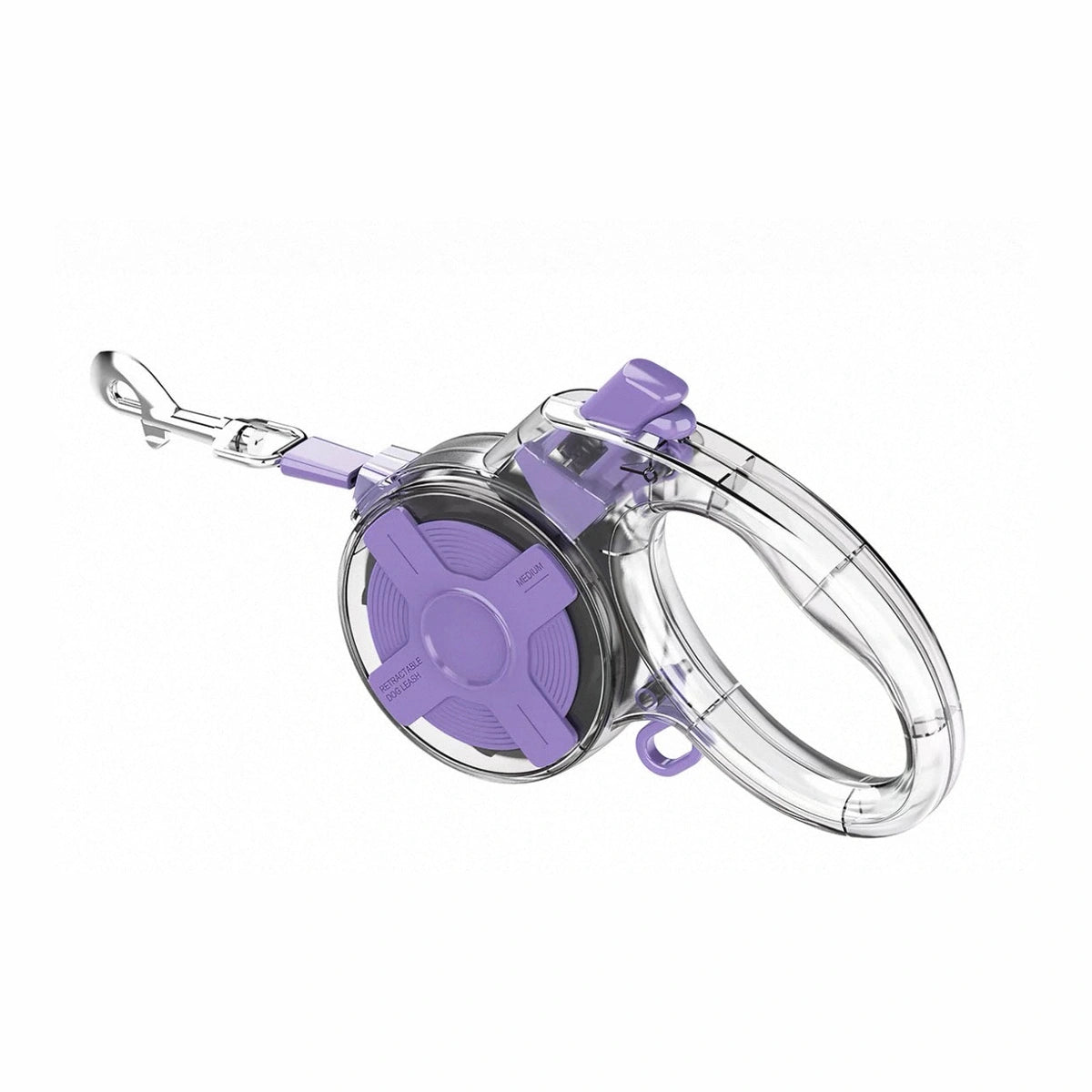 Purple retractable dog lead with transparent housing