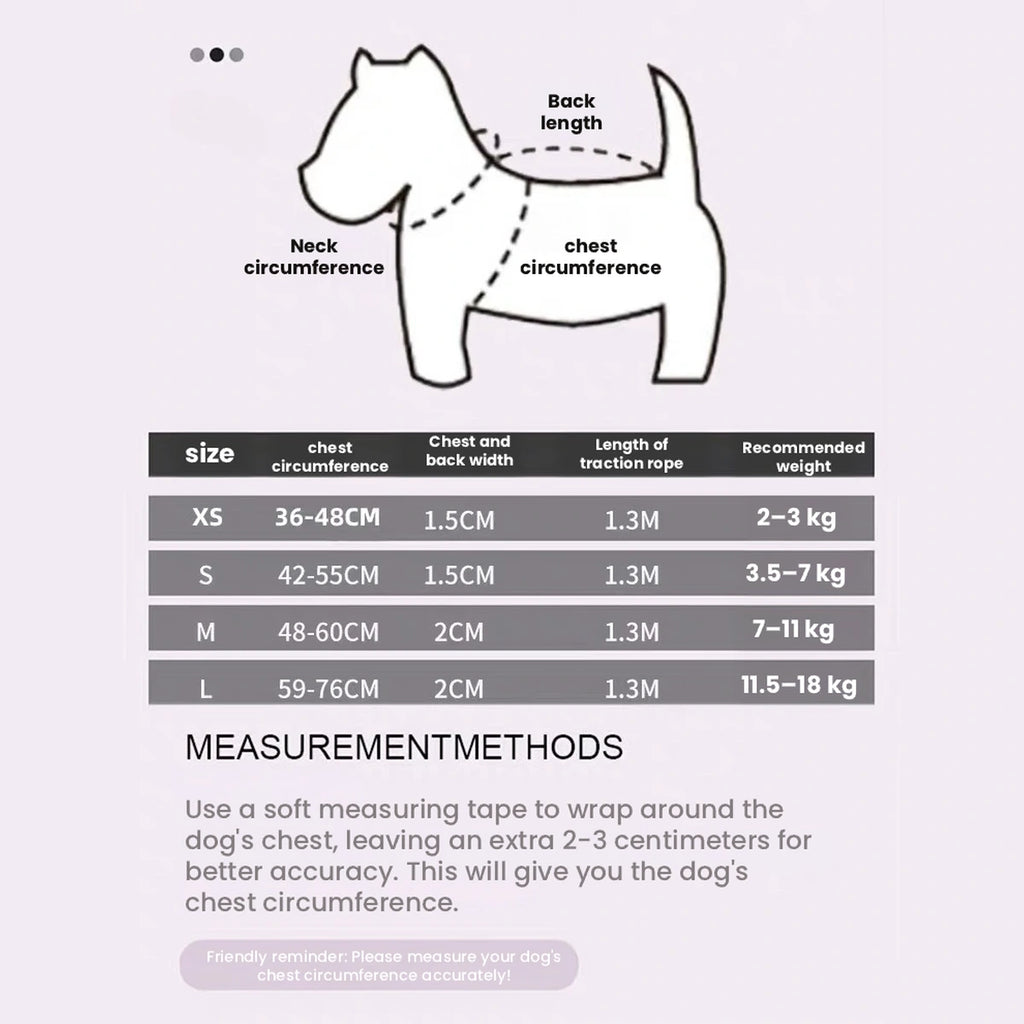 Toteamo harness size chart showing neck and chest measurements