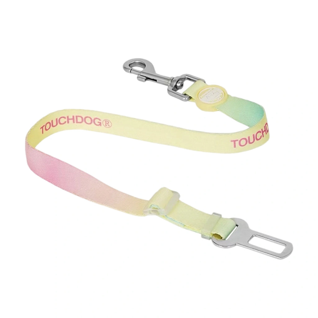 Yellow and pink Touchdog dog car restraint strap with metal clip and seat-belt-style fitting