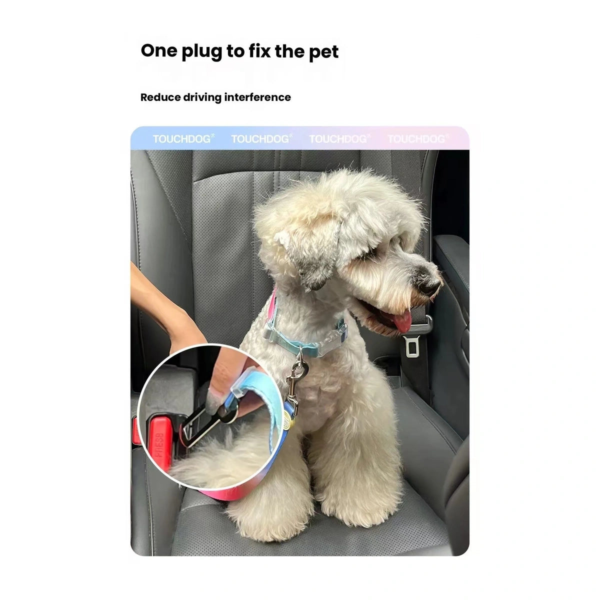 Seat-belt-style fitting used with the Touchdog restraint lead