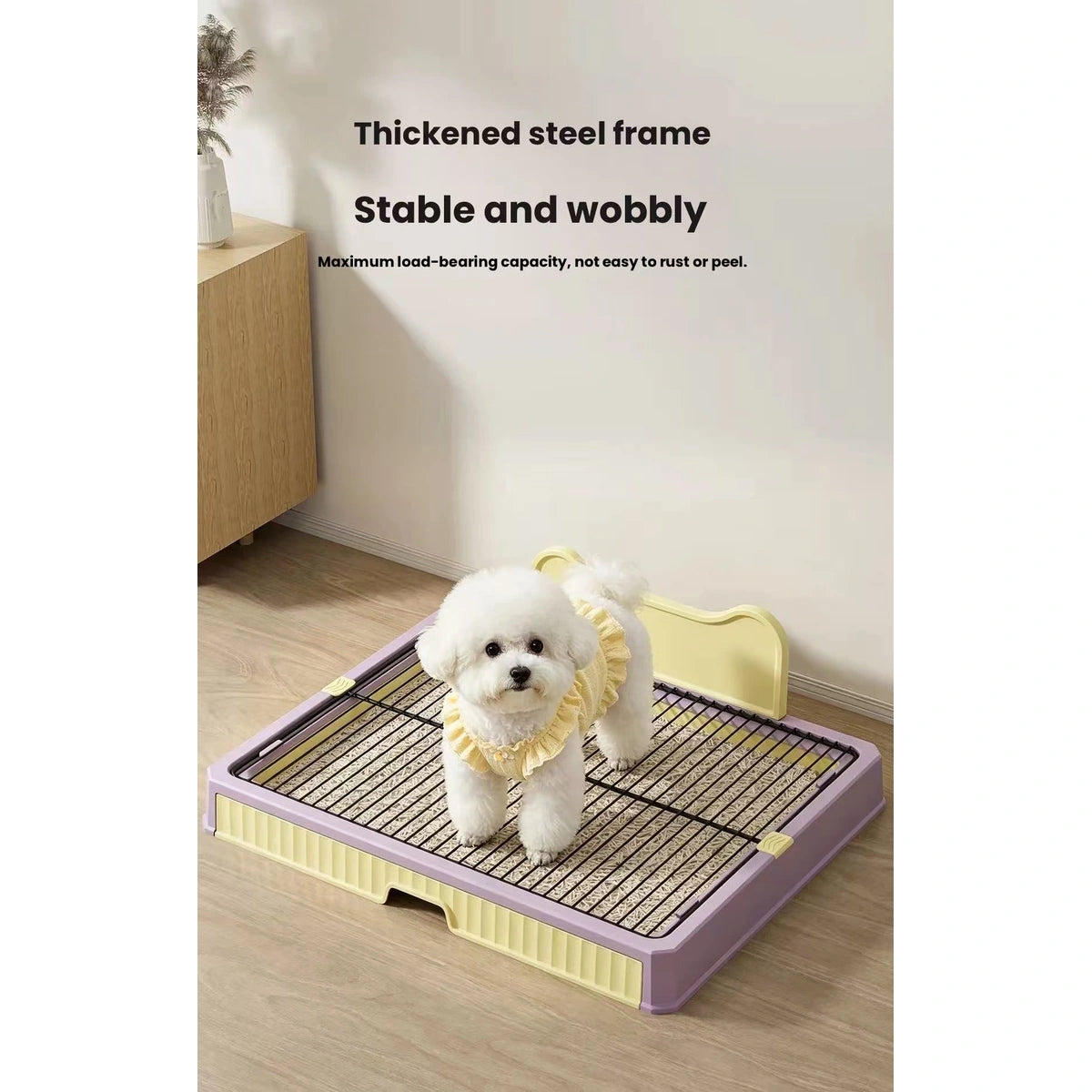 Small dog standing on the KIMPETS potty grate