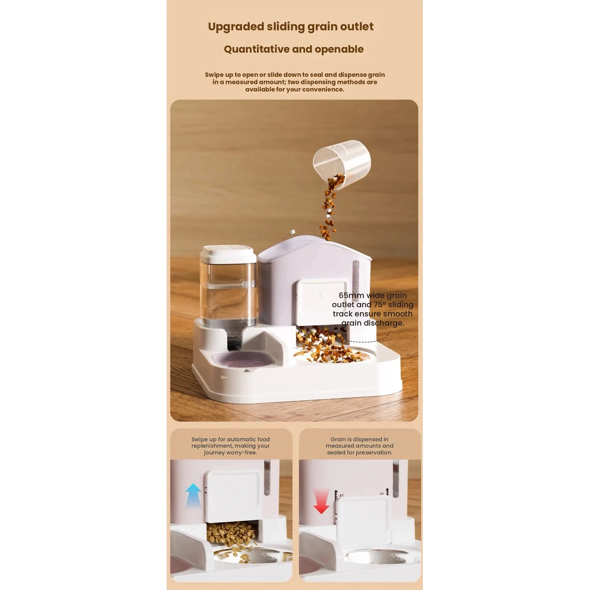 Dry-food hopper and serving opening on the DONGLIN feeder