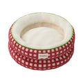Red checked HiDREAM round pet bed with a cream interior
