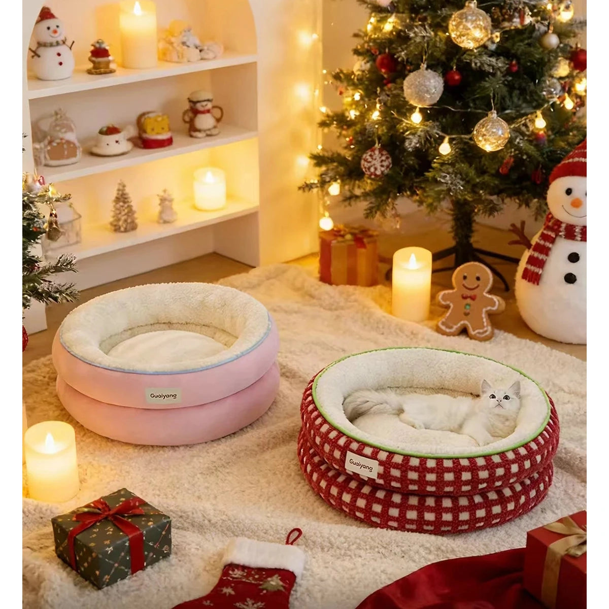 HiDREAM pet beds beside festive decorations in a living room