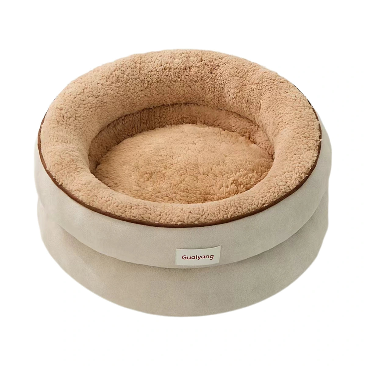 Beige HiDREAM round pet bed with a tan plush interior